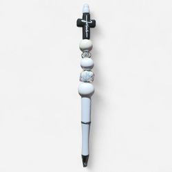 Jesus Cross White Beaded Ballpoint Twist Pen