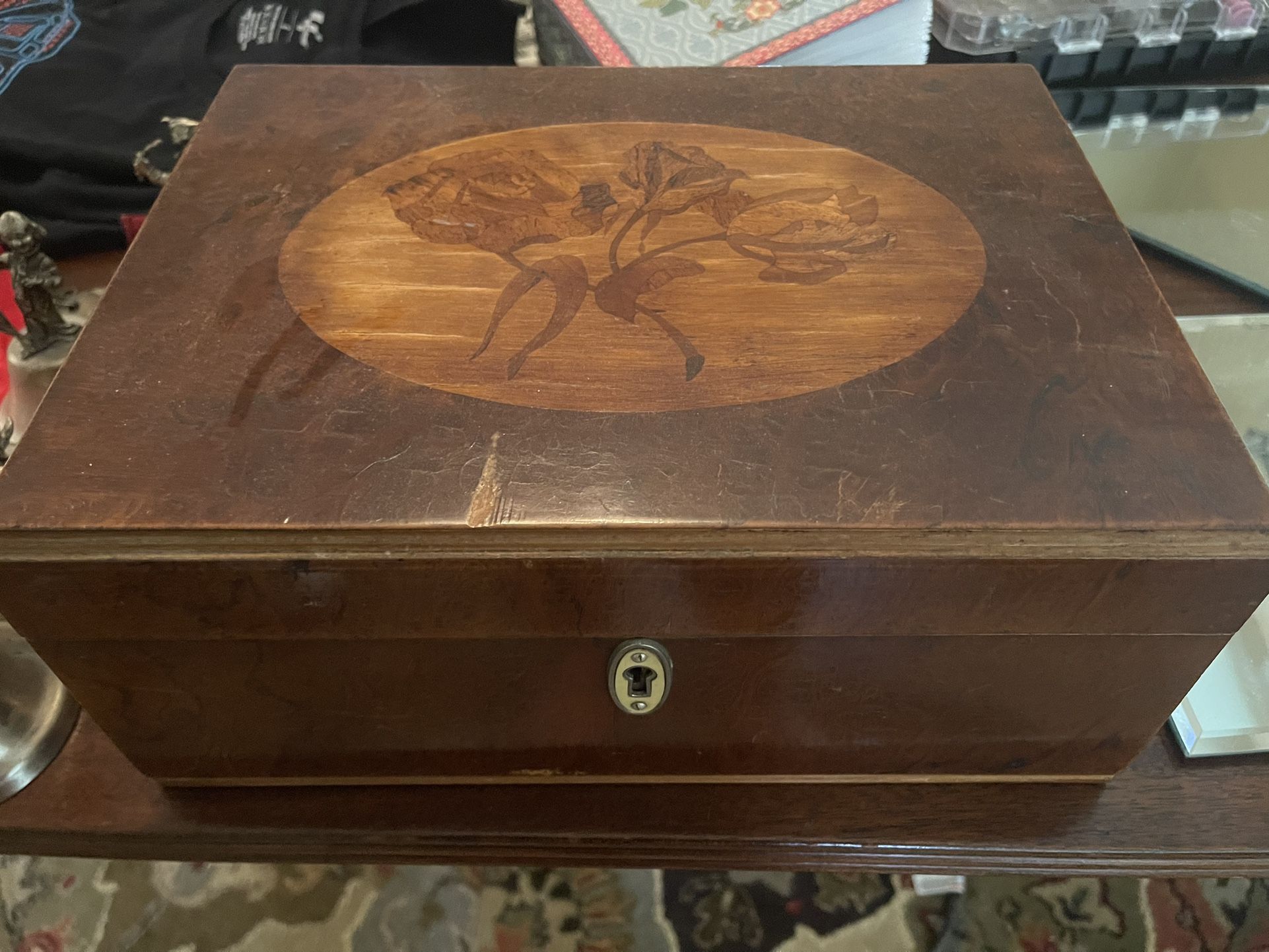 Vintage Wood Jewelry Box With Key And Lock Antique