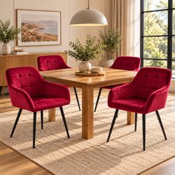 19''H Velvet Upholstered Dining Chairs with Armrests,  Wine Red (Set of 4)