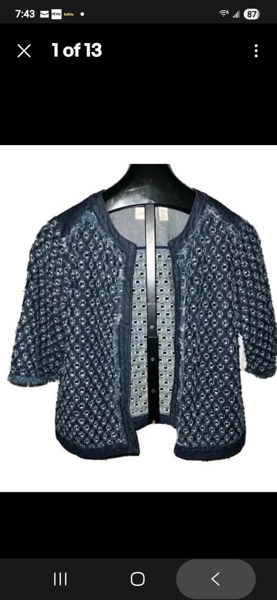 Chicos Denim Blazer Sz 1 Top Laser Fringed Very Chic Art-to-Wear Cut Cover