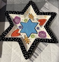 Vtg Star Of David Colorful Ceramic Art Signed 14.75” Platter- NIB