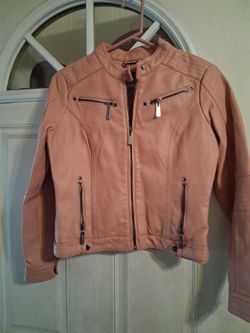 Pink Faux Leather Moto Jacket sz Girls Jr LG  it's really fitted  it looks like sz small