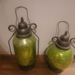 Set Of 2 Beautiful Green Glass Globe & Brass Dome Lantern Candle Holders 