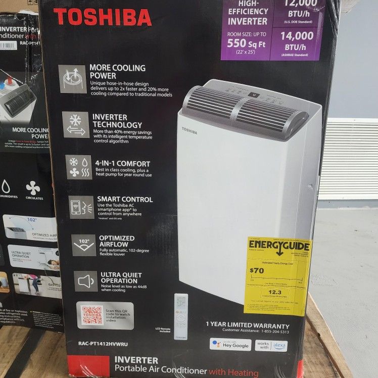 Toshiba 14,000 BTU (12,000 BTU DOE) 115-Volt Inverter Wi-Fi Quiet 47 dB Portable Air Conditioner w/ Heat up to 550 sq. ft. White