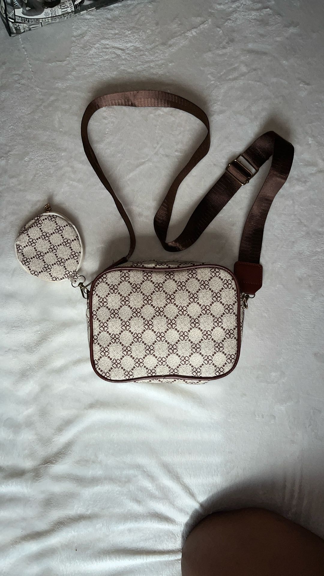 Cream And Brown Purse With Mini Pouch