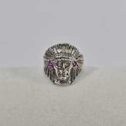 Vintage Sterling Silver Indian Chief Head Ring with Pink Stones, Size 6, 5.45g