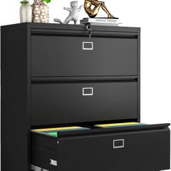 Lateral File Cabinet with Lock,3 Drawer Metal File Cabinets, Home Office Storage Cabinet for Hanging Files Letter/Legal/F4/A4 (Black)