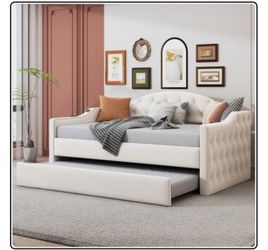 Tufted Upholstered Daybed Trundle Velvet Sofabed Beige