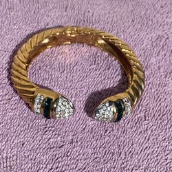 Vintage Gold Hinged Bangle Bracelet With Diamonds And Green Rhinestones 