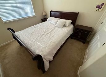 Dark Cherry Wood Bed with Mattress and Night Stands