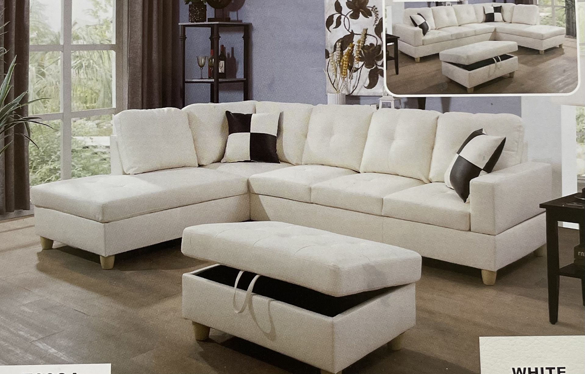 White Leather Sectional Couch And Ottoman