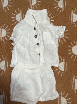 9-12M Baby Boy 100% Cotton Gauze 2-Piece Set - White Muslin Outfit