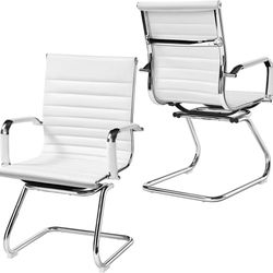 Faux Leather Office Reception Chair Without Wheels Mid Back Ergonomic Guest Chairs for Conference Reception Room Waiting Room, Set of 2 White