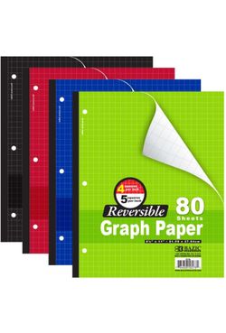 3-Pack BAZIC Notebook 80 Sheets 5" Quad Graph Ruled Notebooks Reversible 4", Easy Tear 3 Punched Holes, Squares Ruled Drafting Blueprint, 