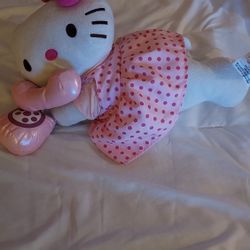 Hello Kitty Sanrio Plush Stuffed Animal Kitten Lying Phone Pink Dress 18" READ