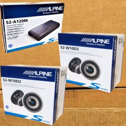 Alpine S Series Mono Subwoofer Amplifier 10" Dual Voice Coil Subwoofers 2400 Watts S2-W10D2 Package 🚨Payment Options Available🚨 No Credit Needed 🚨 