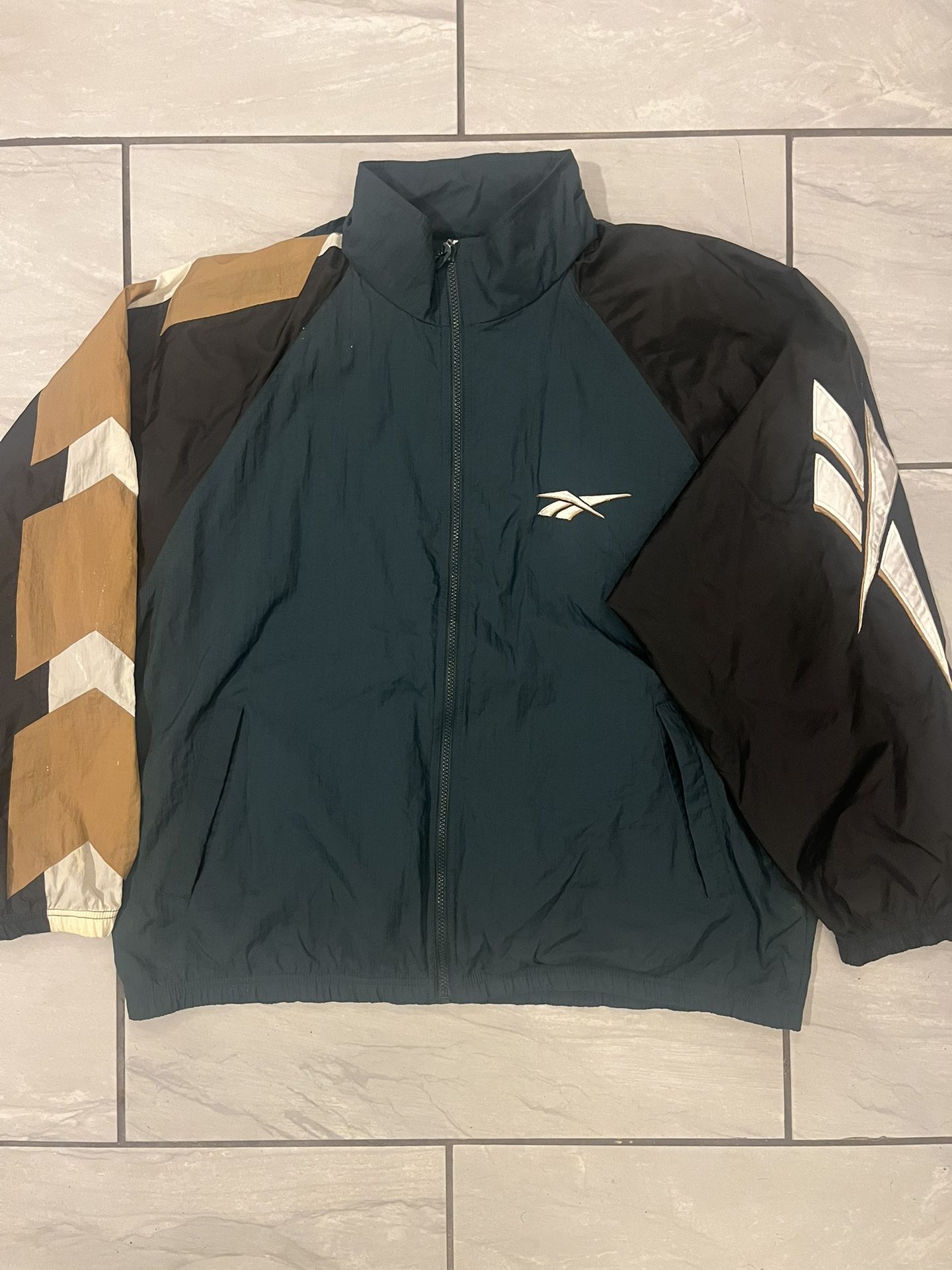 Vintage 90s Green Gold Black Nylon Hooded Windbreaker Jacket Size Large