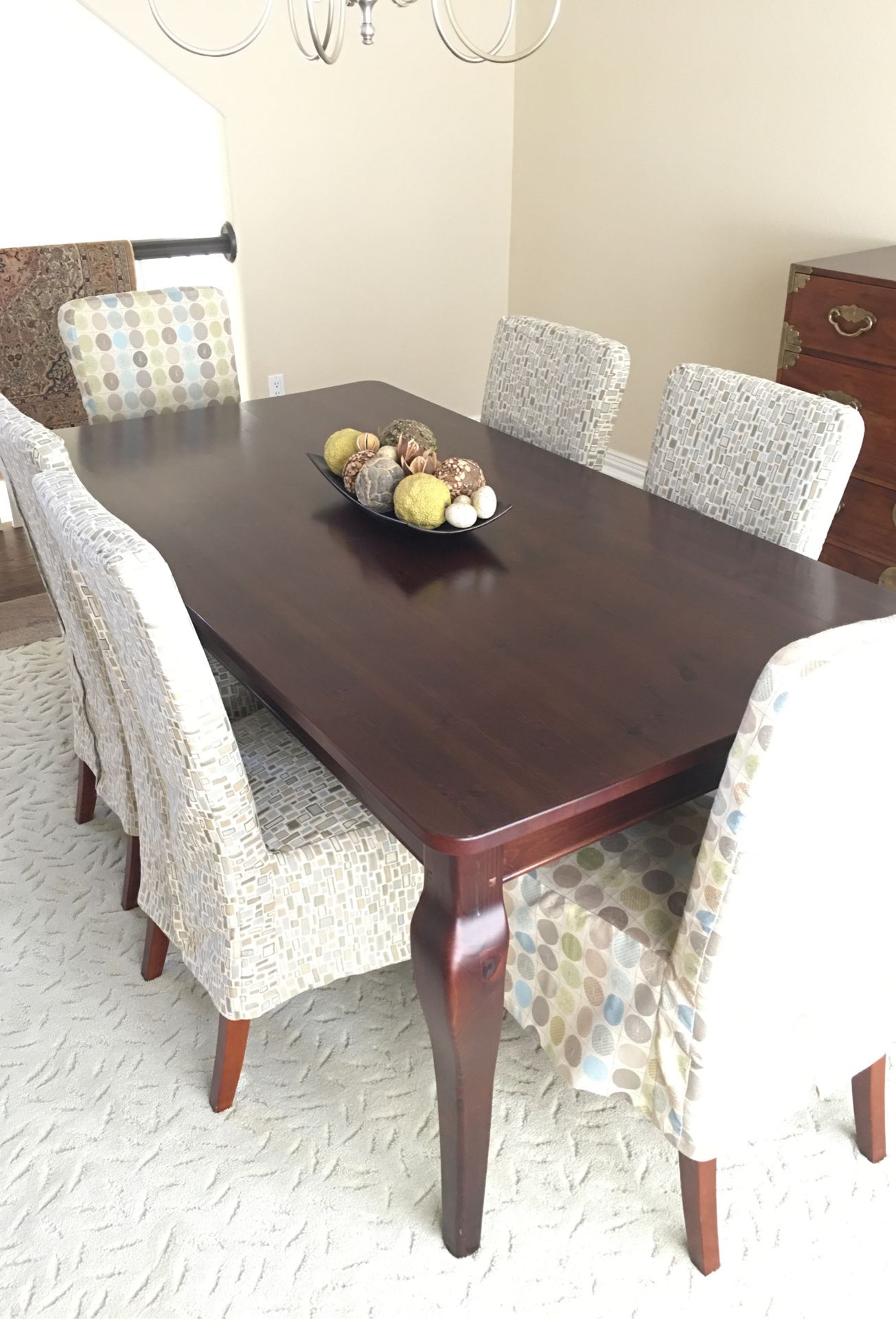 Crate and Barrel dining table and six parsons chairs