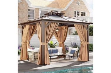 New In Box!! 10x10 Polycarbonate Hardtop Gazebo With Curtain And Net