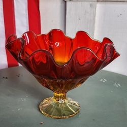 Vintage L.E. Smith Ruffled Amberina Glass Compote 