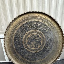 Vintage Middle Eastern Brass Round Tray For Table 