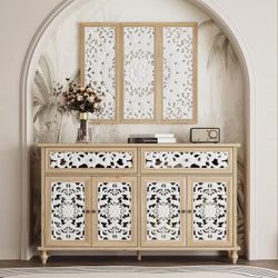 39 in. Accent Storage Cabinet with 4 Shelves, Carved Floral Doors, Matching Wall Decor Panel Set