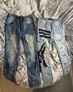 Blue Denim Jeans White Paisley Floral Print