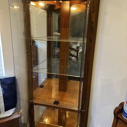 Oak Lighted Corner Curio Cabinet – Glass Shelves & Mirror Back