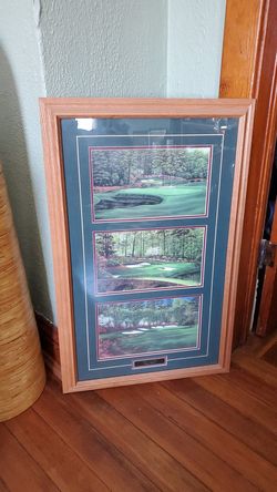 Nice oak framed 3 picture drawing of "Amen Corner!" The masters.