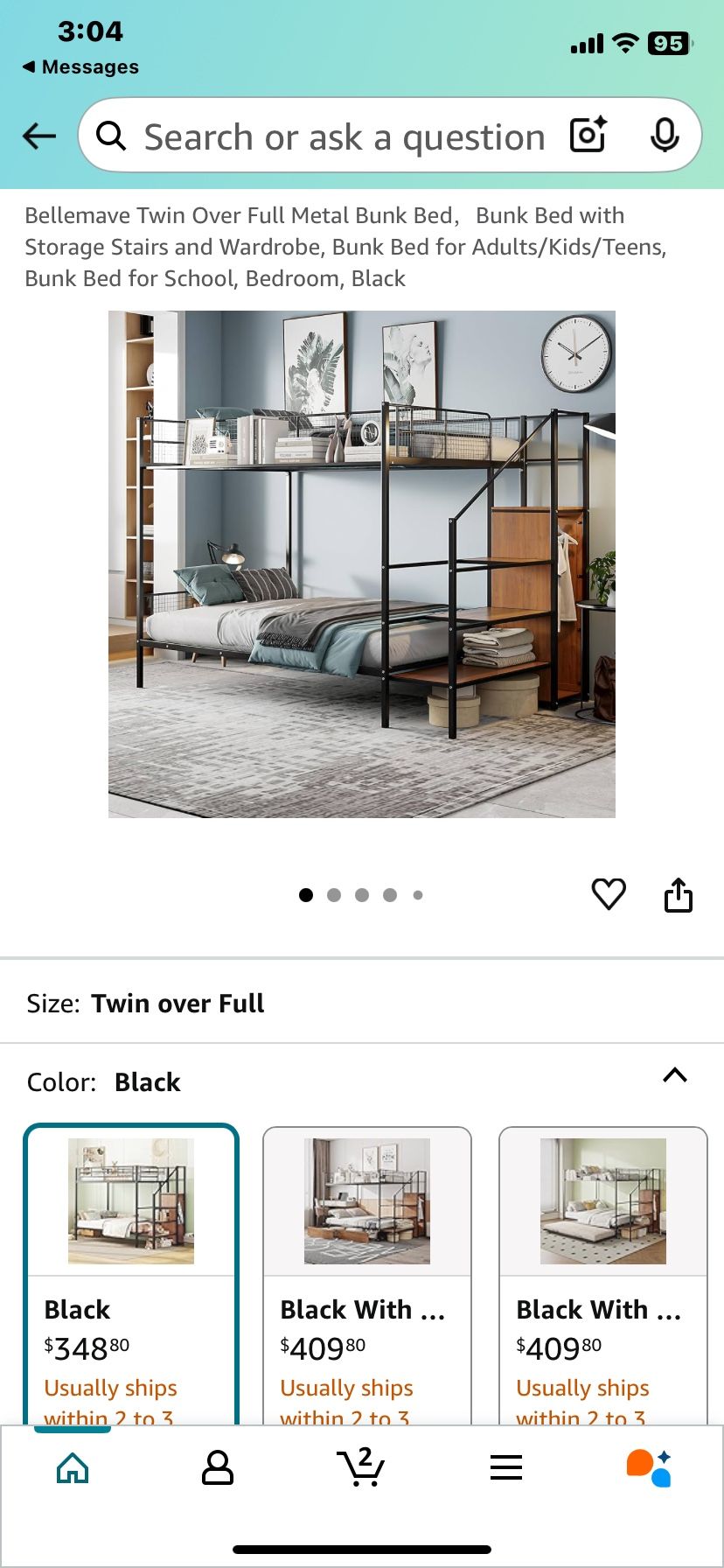 Black Full Over Full Bunk With Steps