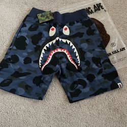 BAPE Navy Blue Camo Shark Sweat Shorts