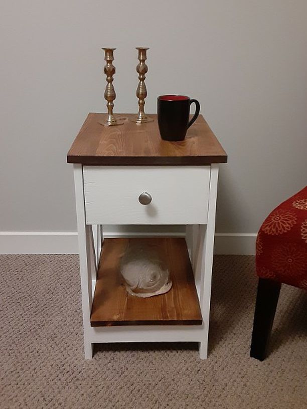 Farmhouse style End Table, With Bottom shelf And Metal Glide Drawer . Created by Lyle Wood Design.