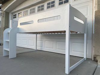 Twin Size Low Loft Bed Frame Dimensions: 77”x42”x45”(H) Great Working Easy-to-climb ladder and guard rails are included for added support and security