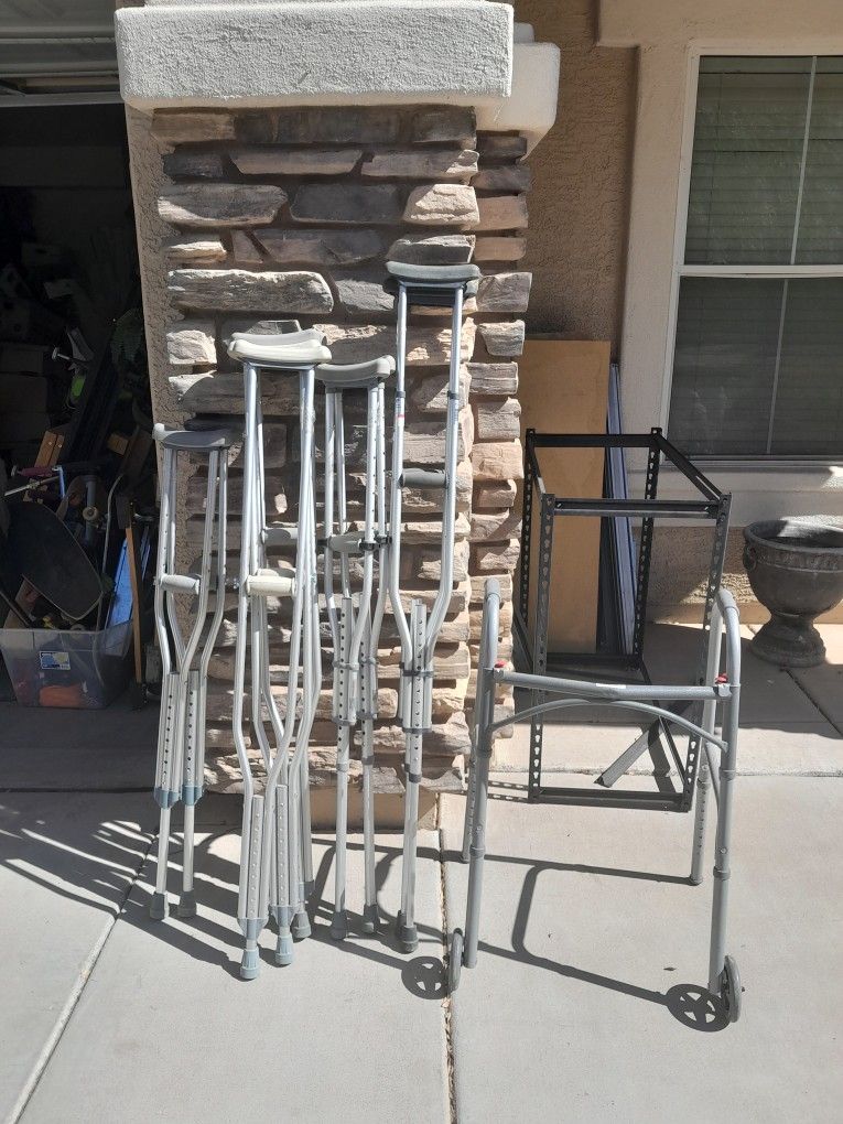 Foldable Walker With Seat And Hand Brakes $25, Pairs Of Crutches Kids Adults $15-$18 Pair See All Photos 