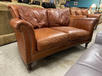 FERGUSON COPELAND Vintage Brown Rolled Arm Leather Loveseat w/ Nailhead Trim