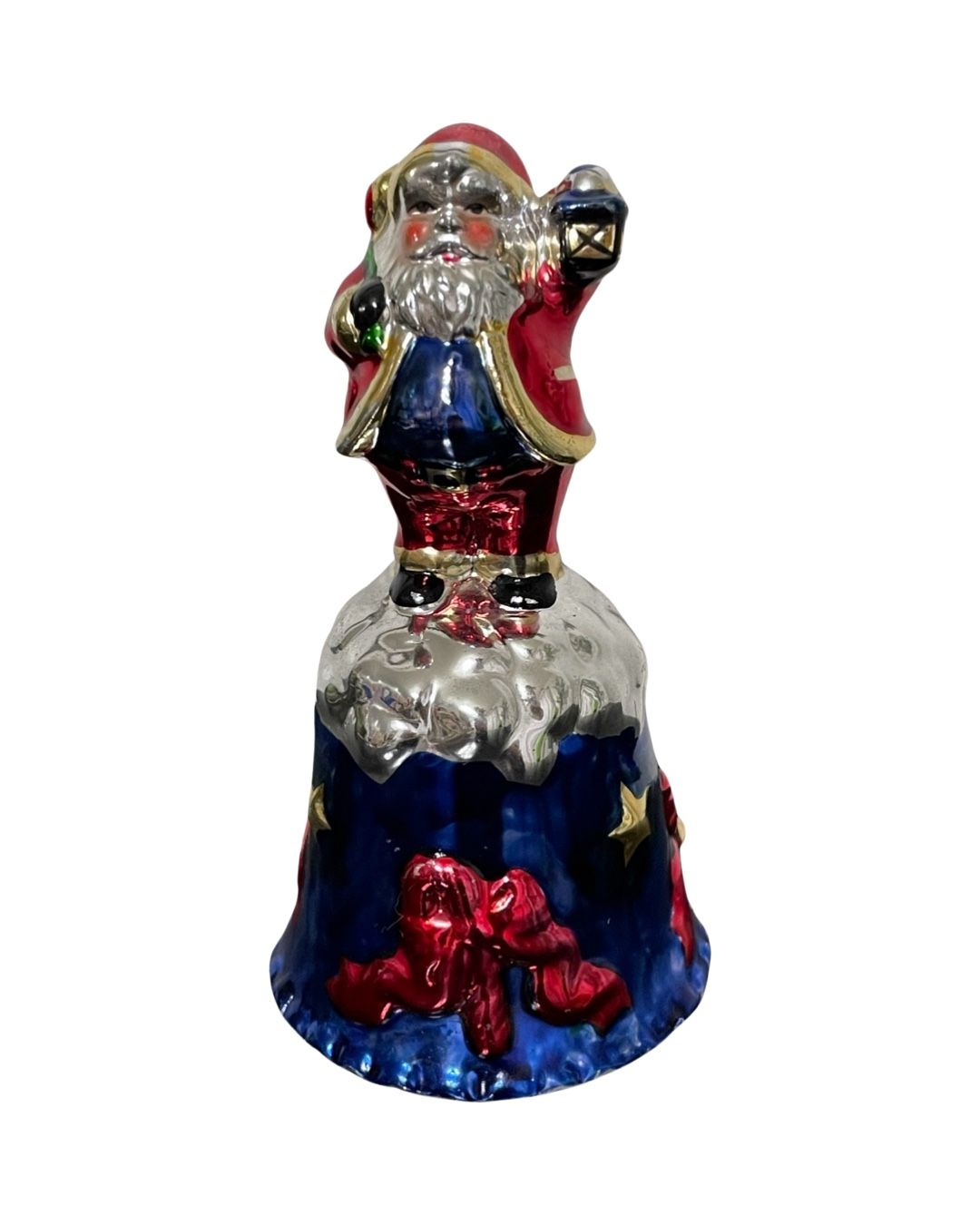 Vintage Metallic Ceramic Christmas Table Bell feat: Santa Claus Rare Beautiful