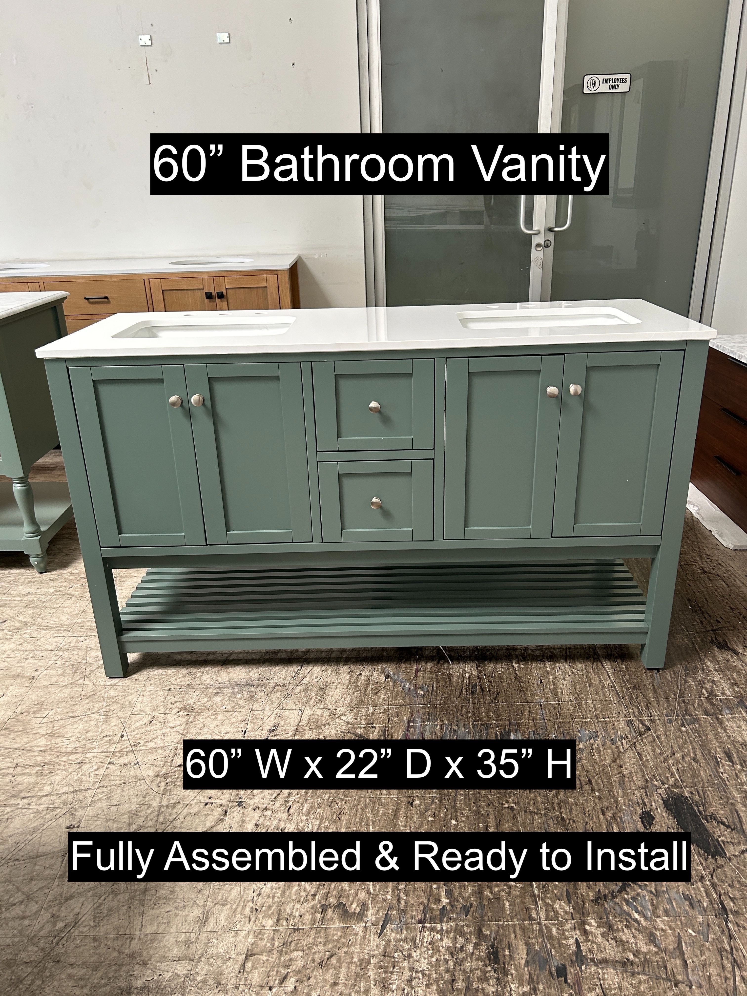 60" Bathroom Vanity with Engineered White Countertop & Solid Wood & Plywood Cabinet # 3426