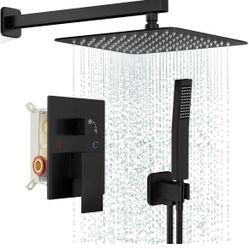 Black Shower Faucet Set, Rainfall Shower System with Square Shower Head and Handle Set, Wall Mounted Shower Fixtures, Full Metal Trim Repair Kit 12 in