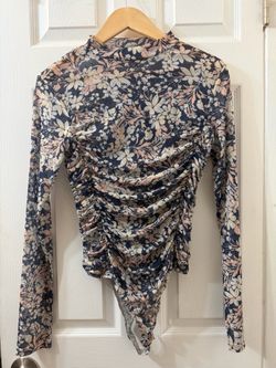 Floral Mesh Ruched Long Sleeve Bodysuit