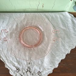 Pink Depression Glass Serving Plate w Handles Cut / Etched Flowers