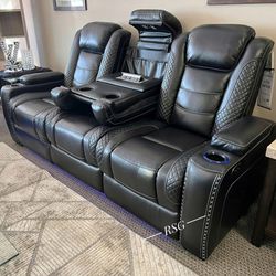 Theater ⭐ Movie Power Reclining Black Leather Sofa, Power Reclining Black Leather Loveseat Couch 🛋️⭐$39 Down Payment with Financing ⭐ 90 Days same as