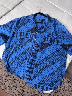 Purple Brand Peace Seek Graphic Button Up Shirt Blue Black XL