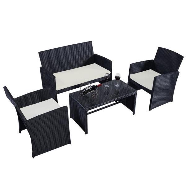 Black 4-Piece Wicker Rattan Patio Conversation Set Garden Lawn Furniture with Beige White Cushions