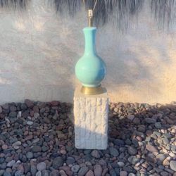 (one) Teal Blue Mid Century Ceramic Lamp With Gold Brass Base And Glazed Crackle Finish