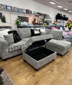 Sectional Sofa Corduroy Fabric W-USB  & Storage Ottoman 106x76x35