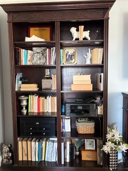 Dark Wood Double Bookcase with Crown Molding