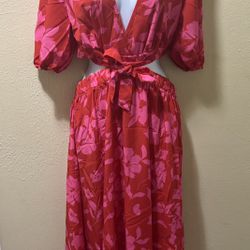 SHEIN VCAY Floral Print Cut Out Waist Plunging Neck D ress Color: Hot Pink Size XL