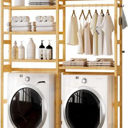 Over the Washer and Dryer Storage Shelf Bamboo,5 Tiers Laundry Room Drying Rack with Adjustable Shelves and 4 Hooks,Space Saver Organizer for Hanging 