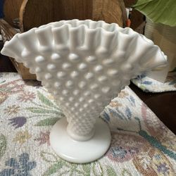 Fenton Milk Glass Hobnail Fan Vase