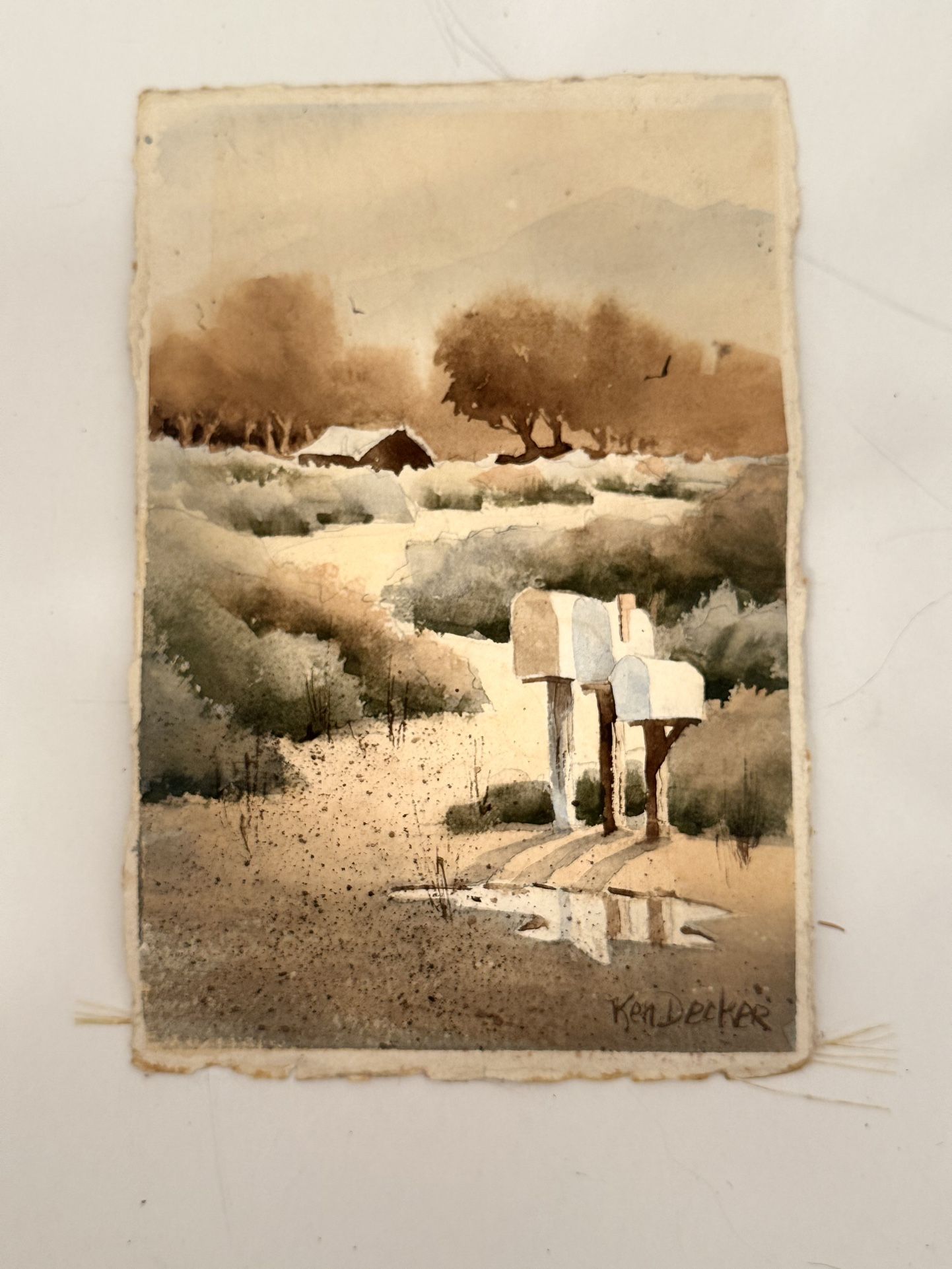 Original Ken Decker Watercolor – Rural Mailbox Scene Southwest Landscape
